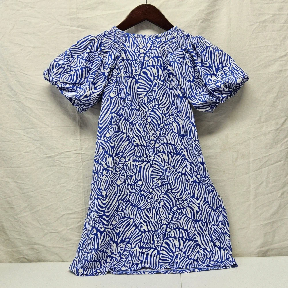 Lilly Pulitzer Top Kids XL 12-14 Blue White Abstract Zebra‎ Off Shoulder Cotton